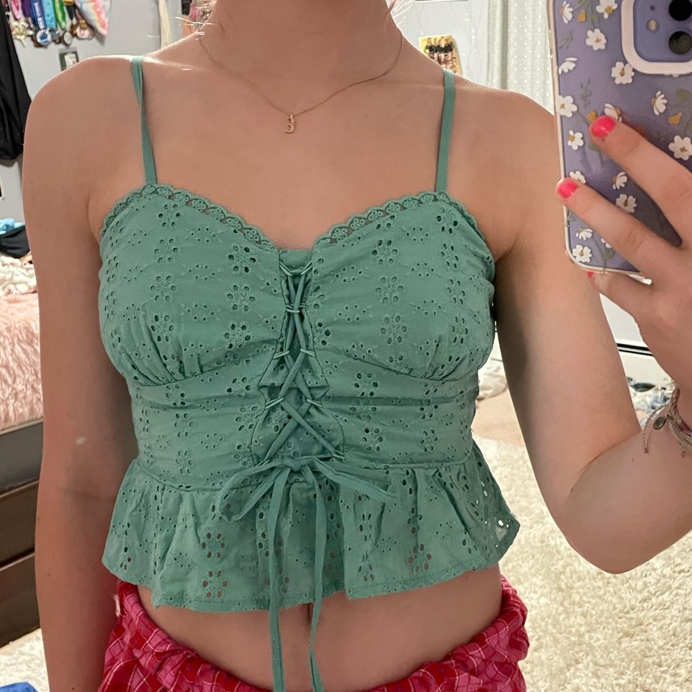 teal crop top, adjustable straps and tie in the front, womens xs